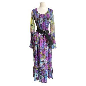 Dreamy 1960s 1970s Sheer Sleeve Smocked Flowy Flower Power Maxi Gown